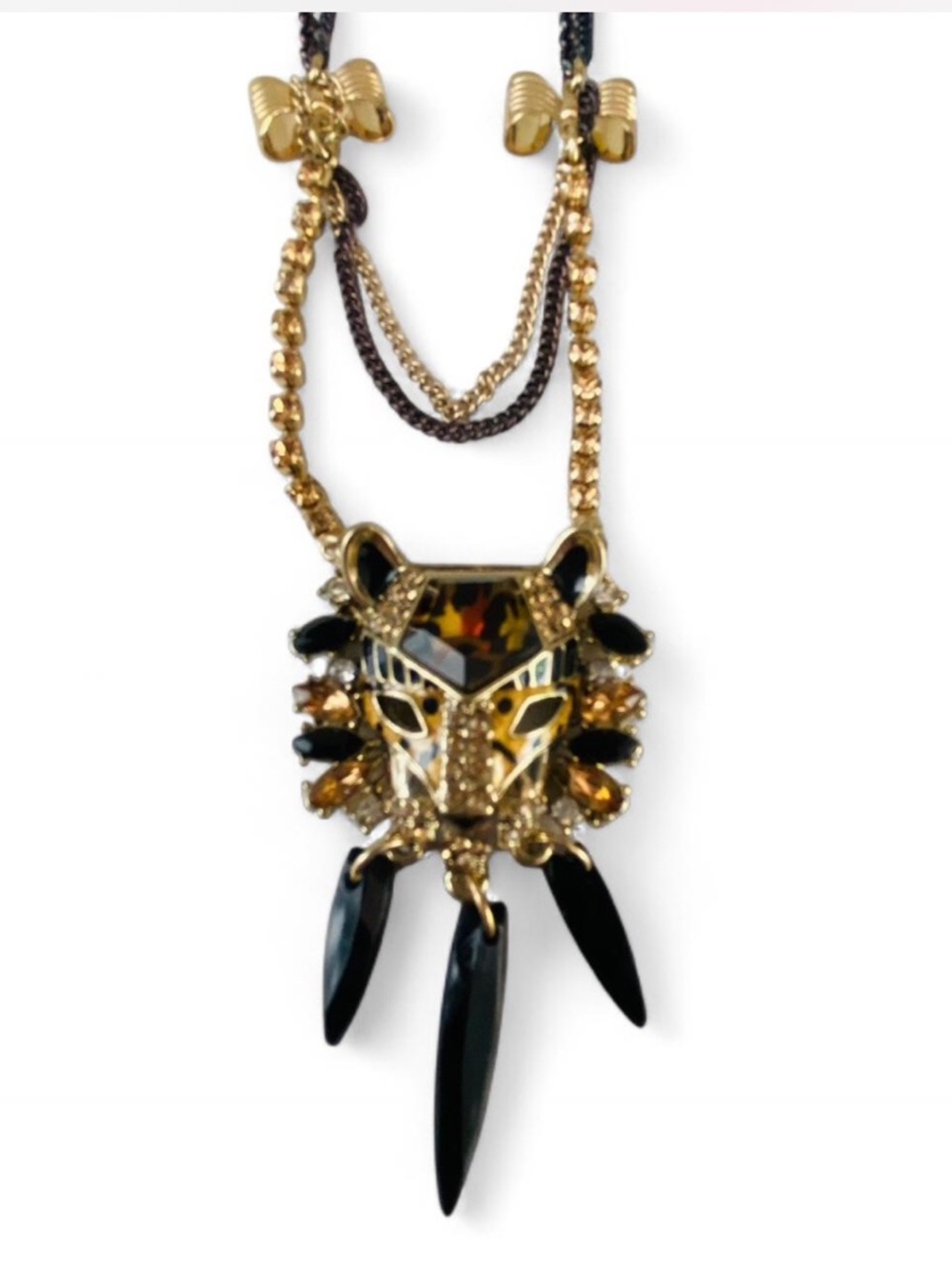 NWT RARE BETSEY JOHNSON LEOPARD PENDANT BOW LAYERED CHAIN STATEMENT NECKLACE